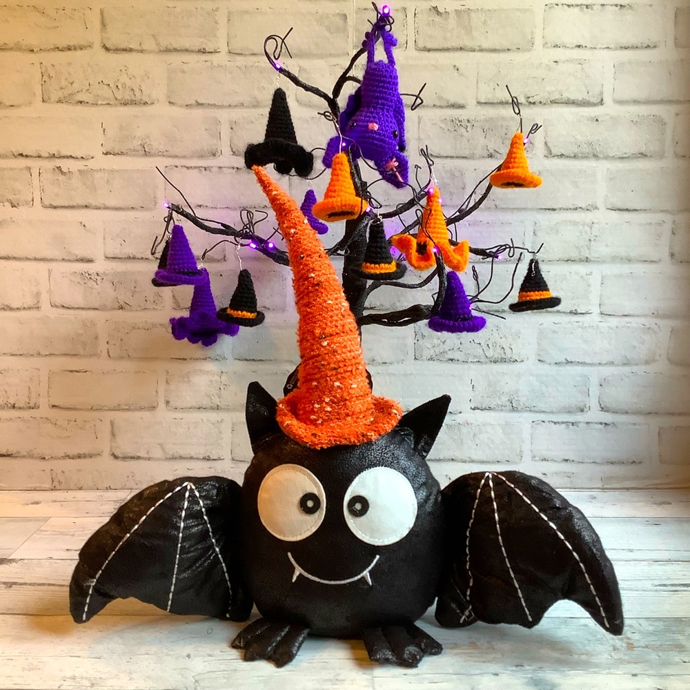 16” Plush Halloween Bat With Witch Hat Decor